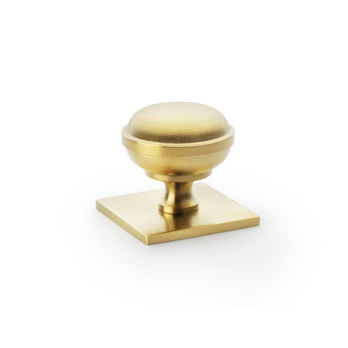 Alexander and Wilks - Quantock Cupboard Knob on Square Backplate - Satin Brass PVD - 34mm