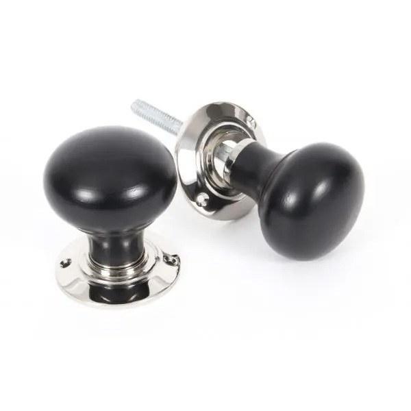 From The Anvil Ebony Wood Bun Mortice/Rim Door Knob with Polished Nickel Rose at More Handles