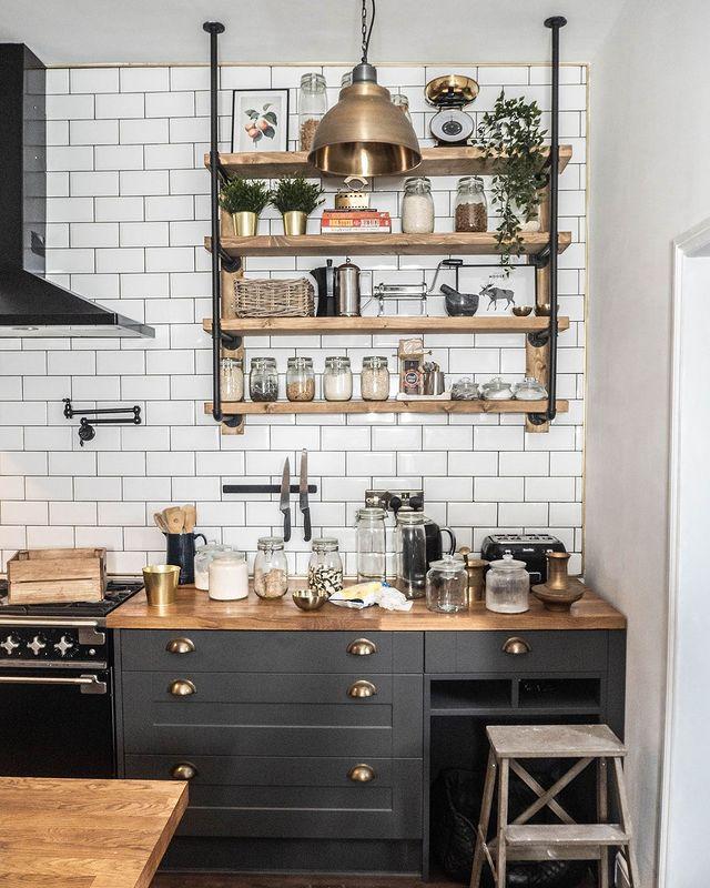 A Grey Kitchen with Antique Brass Cup Handles at More Handles. Image Credit @delilapipoly and Industville