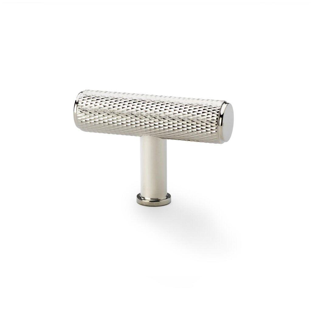 The Alexander and Wilks Crispin Knurled T-bar Cupboard Knob in Polished Nickel PVD