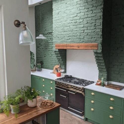 Bright Green Kitchen with Satin Brass Cup Handles at More Handles. Image Credit - @renovate68