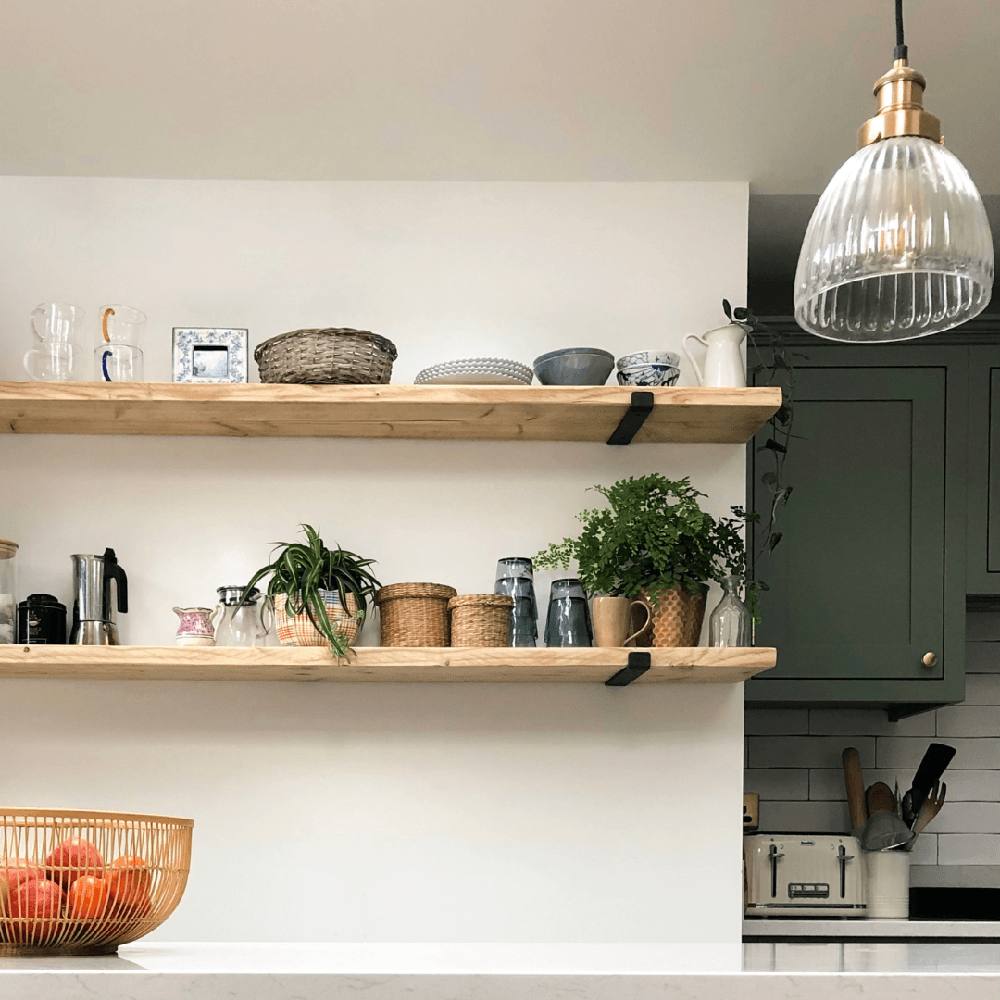 Green Kitchen with Satin Brass Cupboard Knobs and Satin Brass Lighting at More Handles. Image Credit - @mylittleflowers_reno and @industville