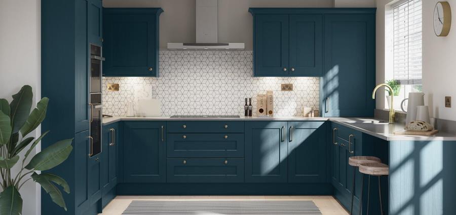 A modern blue kitchen with second nature cupboard handles and knobs
