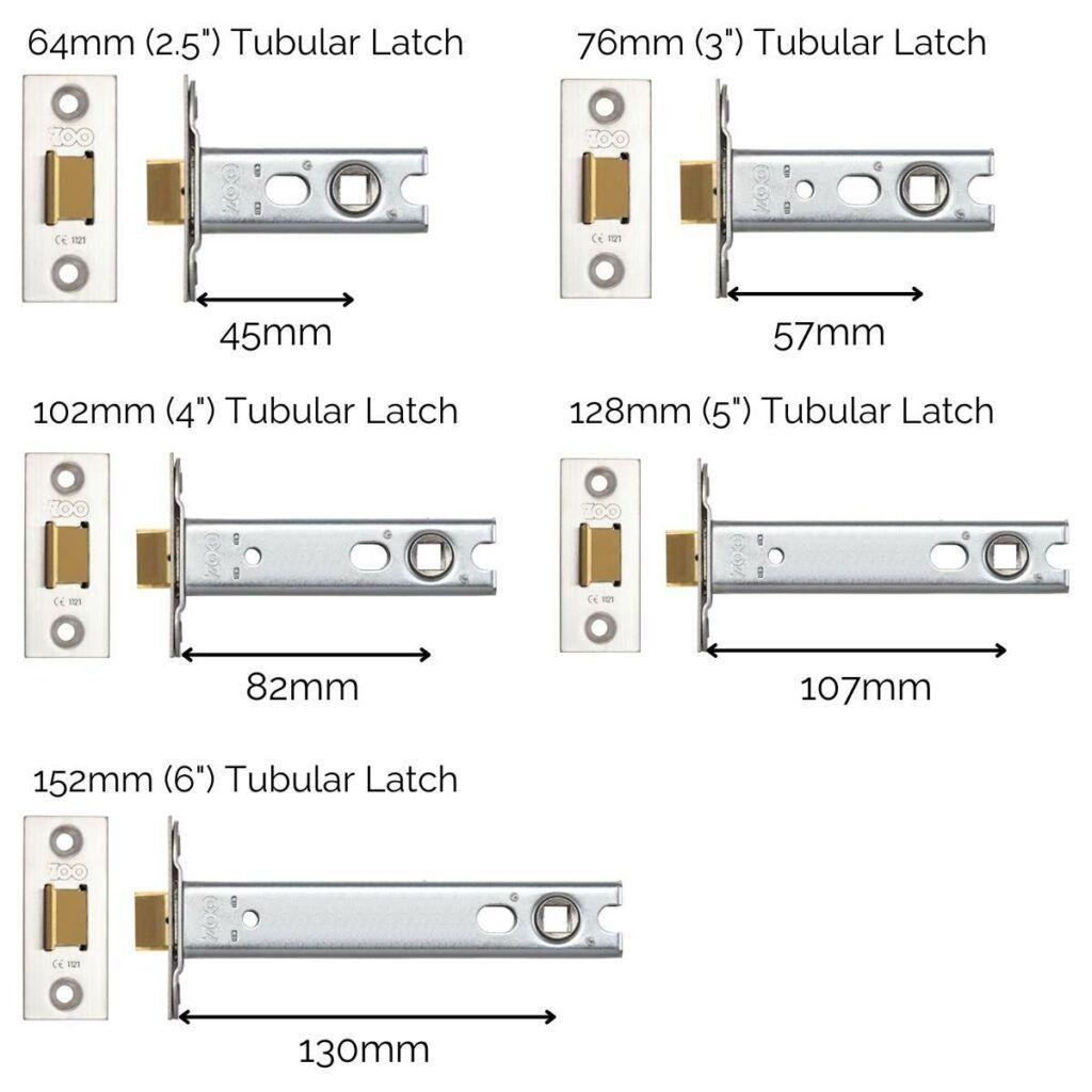 Zoo Hardware ZTLKA tubular latches length and Backset diagrams